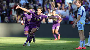 Nov 24, 2024; Orlando, Florida, USA; Orlando City forward Ramiro Enrique (7) celebrates a first half goal against Atlanta United in a 2024 MLS Cup conference semifinal match at Inter&Co Stadium. Mandatory Credit: Mike Watters-Imagn Images