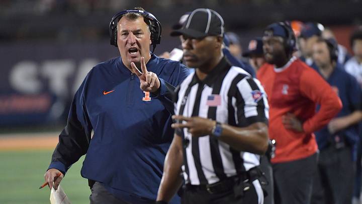 Sep 13, 2025; Champaign, Illinois, USA;  Illinois Fighting Illini head coach Bret Bielema reacts during the second half against the Western Michigan Broncos at Memorial Stadium. Mandatory Credit: Ron Johnson-Imagn Images