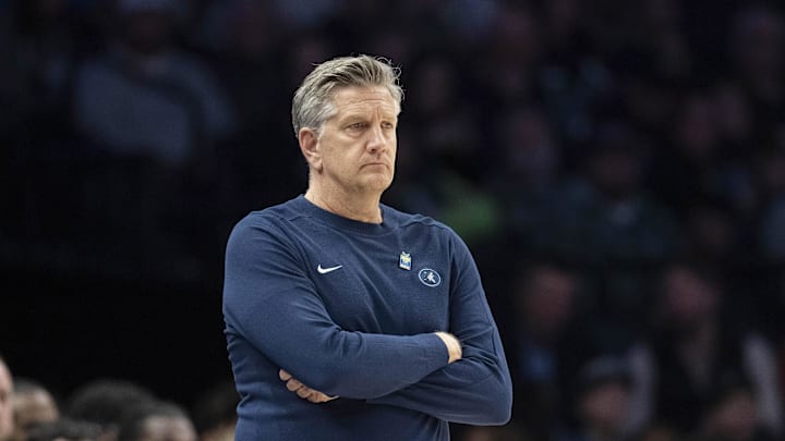 Jan 22, 2026; Minneapolis, Minnesota, USA; Minnesota Timberwolves head coach Chris Finch looks on against the Chicago Bulls in the second half at Target Center. Mandatory Credit: Jesse Johnson-Imagn Images