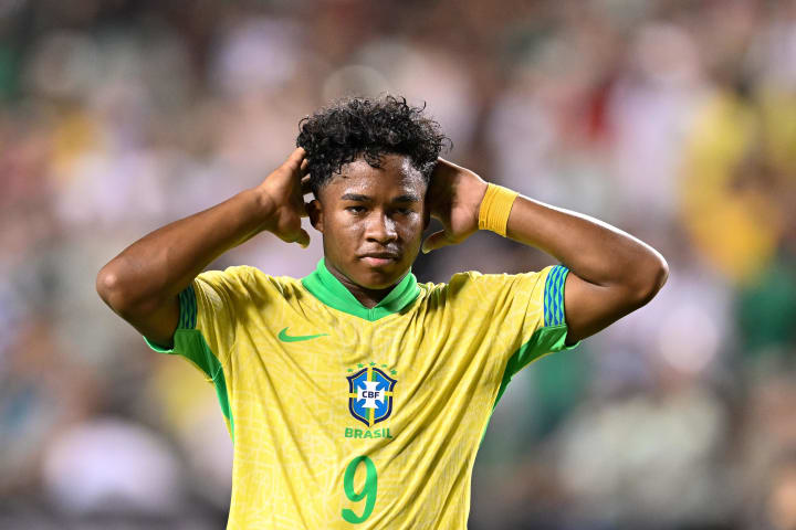 Jun 8, 2024; College Station, TX, USA; Brazil forward Endrick Felipe Sousa (9) reacts to a wide shot on goal during the second half against Mexico at Kyle Field. Mandatory Credit: Maria Lysaker-USA TODAY Sports