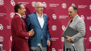 SEC commissioner Greg Sankey, center, talks with OU President Joseph Harroz Jr., left, and OU athletic director Joe Castiglione