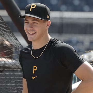 Aug 2, 2024; Pittsburgh, Pennsylvania, USA;  Pittsburgh Pirates shortstop Konnor Griffin who was the ninth overall pick in first round of the 2024 First-Year Player Draft looks on at the batting cage before a game against the Arizona Diamondbacks at PNC Park. Mandatory Credit: Charles LeClaire-Imagn Images