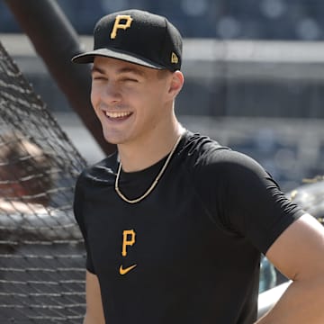 Aug 2, 2024; Pittsburgh, Pennsylvania, USA;  Pittsburgh Pirates shortstop Konnor Griffin who was the ninth overall pick in first round of the 2024 First-Year Player Draft looks on at the batting cage before a game against the Arizona Diamondbacks at PNC Park. Mandatory Credit: Charles LeClaire-Imagn Images