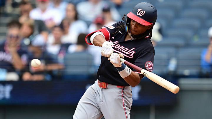 May 27, 2026; Cleveland, Ohio, USA; Washington Nationals shortstop CJ Abrams (5) hits a single during the ninth inning against the Cleveland Guardians at Progressive Field. Mandatory Credit: David Dermer-Imagn Images