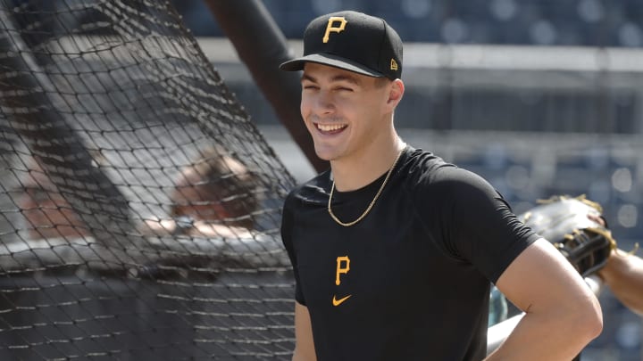 Aug 2, 2024; Pittsburgh, Pennsylvania, USA;  Pittsburgh Pirates shortstop Konnor Griffin who was the ninth overall pick in first round of the 2024 First-Year Player Draft looks on at the batting cage before a game against the Arizona Diamondbacks at PNC Park. Mandatory Credit: Charles LeClaire-USA TODAY Sports