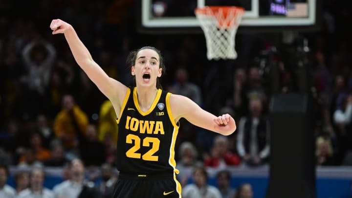 Apr 7, 2024; Cleveland, OH, USA; Iowa Hawkeyes guard Caitlin Clark (22) reacts.