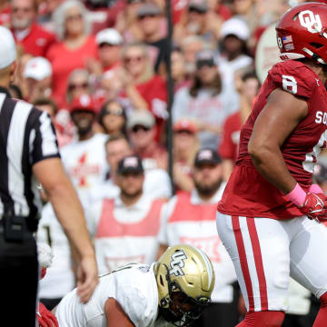 Oklahoma's Jonah Laulu (8) celebrates a play in the second half of the college football game between