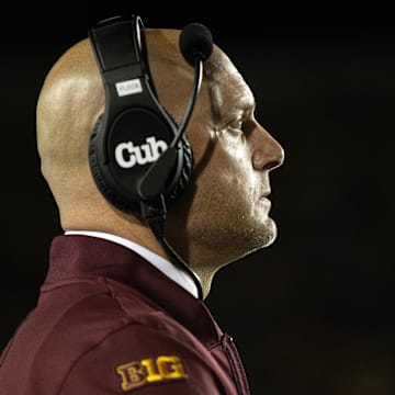 Sep 13, 2025; Berkeley, California, USA; Minnesota Golden Gophers head coach P.J. Fleck watches his team take on the California Golden Bears during the second quarter at California Memorial Stadium.