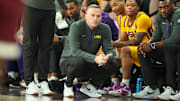 Mar 1, 2025; Starkville, Mississippi, USA; LSU Tigers head coach Matt McMahon looks on against the Mississippi State Bulldogs during the second half at Humphrey Coliseum. Mandatory Credit: Wesley Hale-Imagn Images