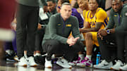 Mar 1, 2025; Starkville, Mississippi, USA; LSU Tigers head coach Matt McMahon looks on against the Mississippi State Bulldogs during the second half at Humphrey Coliseum. Mandatory Credit: Wesley Hale-Imagn Images