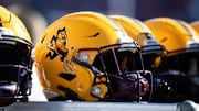 Nov 30, 2024; Tucson, Arizona, USA; Detailed view of an Arizona State Sun Devils helmet during the Territorial Cup at Arizona Stadium. Mandatory Credit: Mark J. Rebilas-Imagn Images