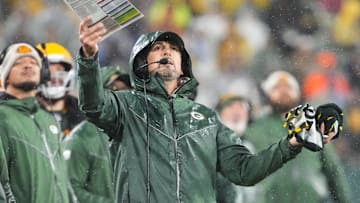 Nov 3, 2024; Green Bay, Wisconsin, USA;  Green Bay Packers head coach Matt LaFleur reacts to a call during the fourth quarter against the Detroit Lions at Lambeau Field. Mandatory Credit: Jeff Hanisch-Imagn Images