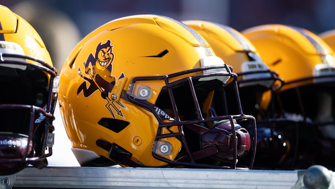 Nov 30, 2024; Tucson, Arizona, USA; Detailed view of an Arizona State Sun Devils helmet during the Territorial Cup at Arizona Stadium. Mandatory Credit: Mark J. Rebilas-Imagn Images
