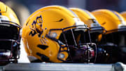Nov 30, 2024; Tucson, Arizona, USA; Detailed view of an Arizona State Sun Devils helmet during the Territorial Cup at Arizona Stadium. Mandatory Credit: Mark J. Rebilas-Imagn Images