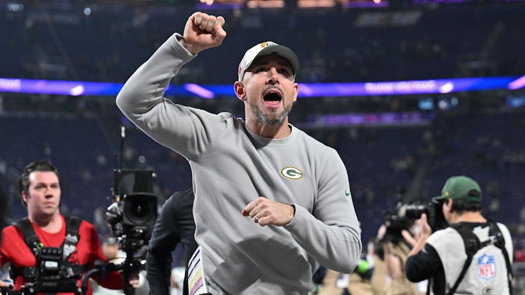 Dec 31, 2023; Minneapolis, Minnesota, USA; Green Bay Packers head coach Matt LaFleur runs off the field after the game against the Minnesota Vikings at U.S. Bank Stadium. Mandatory Credit: Jeffrey Becker-Imagn Images