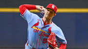 Sep 13, 2025; Milwaukee, Wisconsin, USA;  St. Louis Cardinals starting pitcher Sonny Gray (54) throws against the Milwaukee Brewers in the first inning at American Family Field. Mandatory Credit: Benny Sieu-Imagn Images