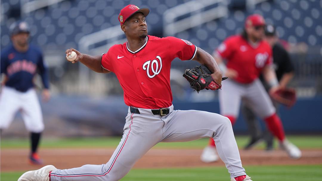 Mar 2, 2026; West Palm Beach, Florida, USA;  Washington Nationals pitcher Josiah Gray (40) pitches in the first inning against the Washington Nationals at CACTI Park of the Palm Beaches. Mandatory Credit: Jim Rassol-Imagn Images