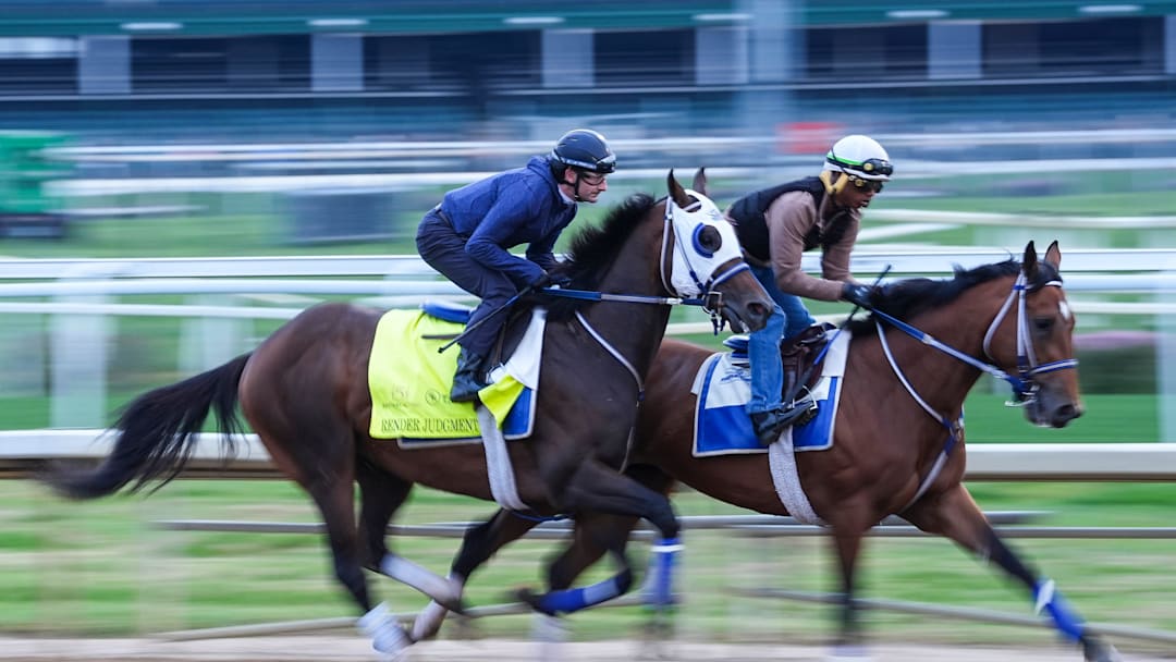 2025 Kentucky Derby contender Render Judgment, trained by Kenny McPeek, works Saturday morning, April 26, at Churchill Downs in Louisville, Kentucky. 