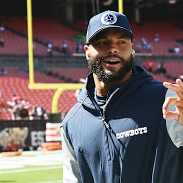 Sep 8, 2024; Cleveland, Ohio, USA; Dallas Cowboys quarterback Dak Prescott (4) runs off the field before the game between the Cleveland Browns and the Cowboys at Huntington Bank Field. Mandatory Credit: Ken Blaze-Imagn Images