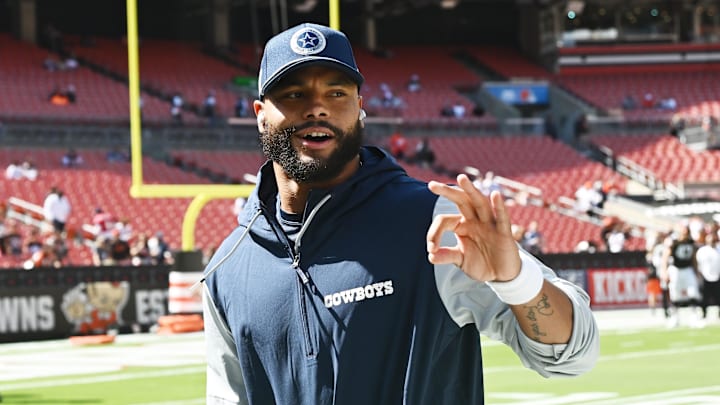 Sep 8, 2024; Cleveland, Ohio, USA; Dallas Cowboys quarterback Dak Prescott (4) runs off the field before the game between the Cleveland Browns and the Cowboys at Huntington Bank Field. Mandatory Credit: Ken Blaze-Imagn Images