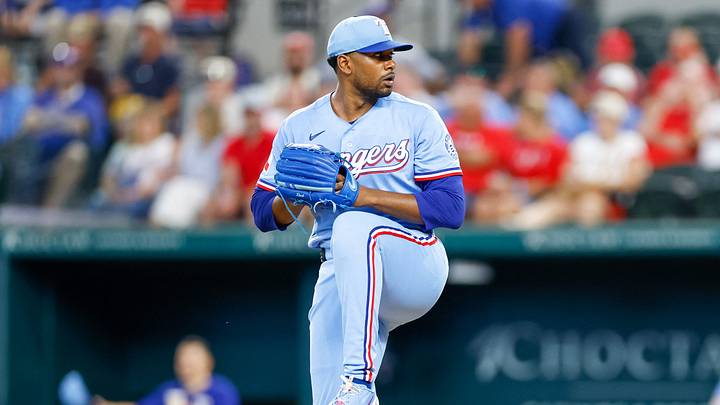 Aug 9, 2026; Arlington, Texas, USA; Texas Rangers pitcher Kumar Rocker (80) throws during the first inning against the Baltimore Orioles at Globe Life Field. Mandatory Credit: Andrew Dieb-Imagn Images
