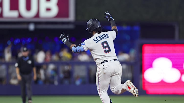 Jul 30, 2023; Miami, Florida, USA; Miami Marlins third baseman Jean Segura (9) circles the bases