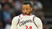 Apr 11, 2025; Sacramento, California, USA; Los Angeles Clippers guard Norman Powell (24) reacts during the third quarter against the Sacramento Kings at Golden 1 Center. Mandatory Credit: Darren Yamashita-Imagn Images