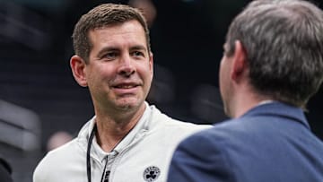 Feb 6, 2025; Boston, Massachusetts, USA; Boston Celtics general manager Brad Stevens on the court before the start of the game against the Dallas Mavericks at TD Garden. Mandatory Credit: David Butler II-Imagn Images