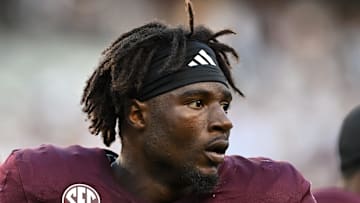 Texas A&M Aggies running back Le'Veon Moss looks on prior to the game against the Bowling Green Falcons at Kyle Field. Mandatory Credit: Maria Lysaker-Imagn Images. 