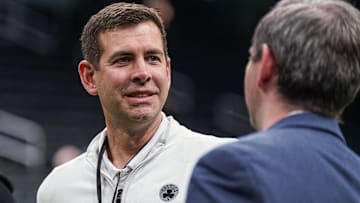 Feb 6, 2025; Boston, Massachusetts, USA; Boston Celtics general manager Brad Stevens on the court before the start of the game against the Dallas Mavericks at TD Garden. Mandatory Credit: David Butler II-Imagn Images