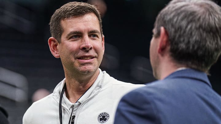 Feb 6, 2025; Boston, Massachusetts, USA; Boston Celtics general manager Brad Stevens on the court before the start of the game against the Dallas Mavericks at TD Garden. Mandatory Credit: David Butler II-Imagn Images