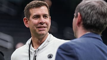 Feb 6, 2025; Boston, Massachusetts, USA; Boston Celtics general manager Brad Stevens on the court before the start of the game against the Dallas Mavericks at TD Garden.