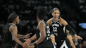 Sep 14, 2025; Las Vegas, Nevada, USA;Las Vegas Aces center A'ja Wilson (22) celebrates scoring on the Seattle Storm in the third quarter during game one of round one for the 2025 WNBA Playoffs at Michelob Ultra Arena. Mandatory Credit: Candice Ward-Imagn Images