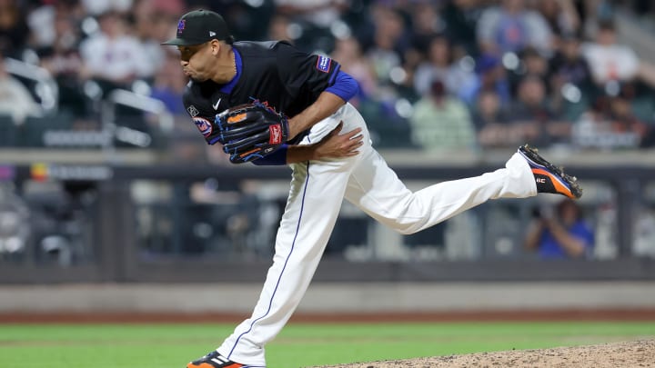 May 24, 2024; New York City, New York, USA; New York Mets relief pitcher Edwin Diaz (39) follows through on a pitch against the San Francisco Giants during the seventh inning at Citi Field. Mandatory Credit: Brad Penner-USA TODAY Sports