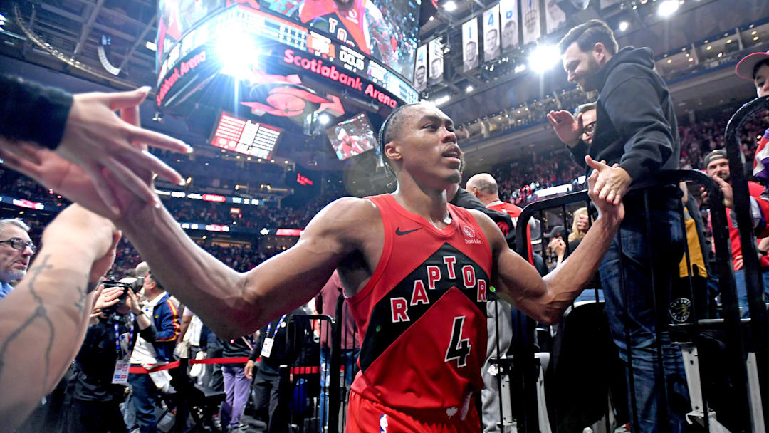 Apr 26, 2026; Toronto, Ontario, CAN;  Toronto Raptors forward Scottie Barnes (4) celebrates with fans after a win over the Cleveland Cavaliers in game four of the first round of the 2026 NBA Playoffs at Scotiabank Arena. Mandatory Credit: Dan Hamilton-Imagn Images