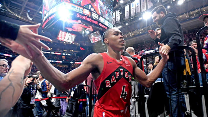 Apr 26, 2026; Toronto, Ontario, CAN;  Toronto Raptors forward Scottie Barnes (4) celebrates with fans after a win over the Cleveland Cavaliers in game four of the first round of the 2026 NBA Playoffs at Scotiabank Arena. Mandatory Credit: Dan Hamilton-Imagn Images