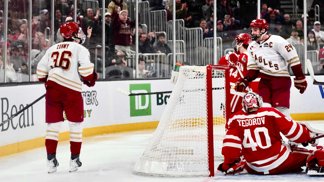 Andre Gasseau and Ryan Conmy celebrate after a goal at TD Garden on Feb. 9, 2026.