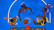 Jun 8, 2025; Oklahoma City, Oklahoma, USA;  Indiana Pacers guard Tyrese Haliburton (left) and forward Pascal Siakam (right) watch the ball go into the basket against Oklahoma City Thunder guard Luguentz Dort (5) and forward Jalen Williams (8) during the first half during game two of the 2025 NBA Finals at Paycom Center. Mandatory Credit: Kyle Terada-Imagn Images