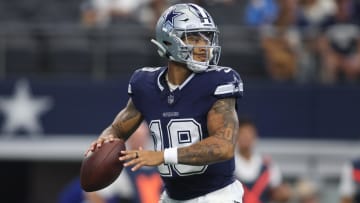 Aug 24, 2024; Arlington, Texas, USA; Dallas Cowboys quarterback Trey Lance (19) looks to pass in the first quarter against the Los Angeles Chargers at AT&T Stadium. Mandatory Credit: Tim Heitman-USA TODAY Sports