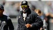 Apr 19, 2025; Boulder, CO, USA; Colorado Buffaloes head coach Deion Sanders during the spring game at Folsom Field. Mandatory Credit: Isaiah J. Downing-Imagn Images