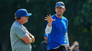 Indianapolis Colts head coach Shane Steichen speaks with General Manager Chris Ballard before the