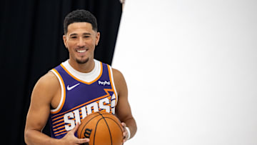 Sep 24, 2025; Phoenix, AZ, USA; Phoenix Suns guard Devin Booker (1) poses for portrait during Media Day at PHX Arena. Mandatory Credit: Mark J. Rebilas-Imagn Images