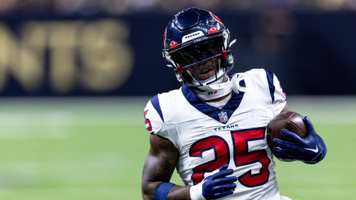 Aug 27, 2023; New Orleans, Louisiana, USA; Houston Texans safety Grayland Arnold (25) warms up during pregame during pregame against the New Orleans Saints at the Caesars Superdome. Mandatory Credit: Stephen Lew-USA TODAY Sports