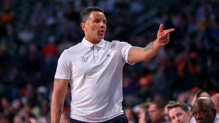 Feb 21, 2024; Atlanta, Georgia, USA; Georgia Tech Yellow Jackets head coach Damon Stoudamire on the sideline against the Clemson Tigers in the second half at McCamish Pavilion. Mandatory Credit: Brett Davis-USA TODAY Sports