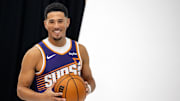Sep 24, 2025; Phoenix, AZ, USA; Phoenix Suns guard Devin Booker (1) poses for portrait during Media Day at PHX Arena. Mandatory Credit: Mark J. Rebilas-Imagn Images