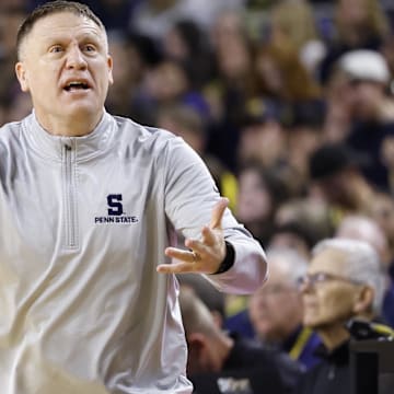 Penn State men's basketball coach Mike Rhoades reacts in the second half against the Michigan Wolverines at Crisler Center.