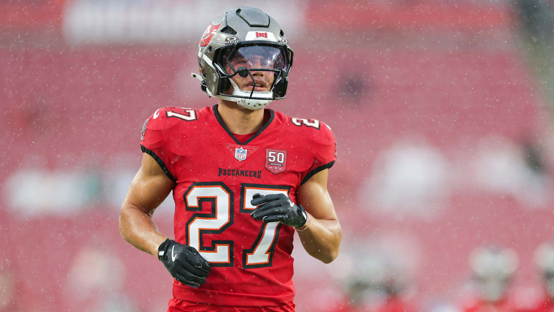 Aug 9, 2025; Tampa, Florida, USA; Tampa Bay Buccaneers cornerback Zyon McCollum (27) warms up before a preseason game against the Tennessee Titans at Raymond James Stadium. Mandatory Credit: Nathan Ray Seebeck-Imagn Images