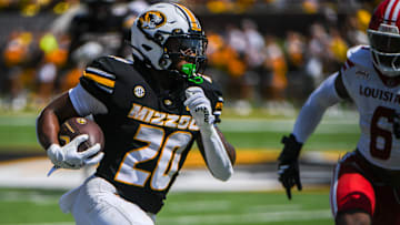 Sept 13, 2025; Columbia, Missouri, USA; Missouri Tigers running back Jamal Roberts rushes during a play in the second quarter at Faurot Field.