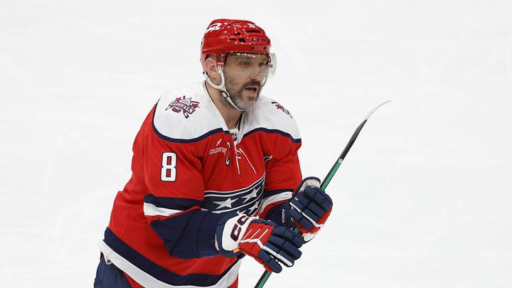 Mar 22, 2026; Washington, District of Columbia, USA; Washington Capitals left wing Alex Ovechkin (8) looks on from the ice after scoring his 1,000th career goal in regular season and playoffs combined against the Colorado Avalanche at Capital One Arena. Mandatory Credit: Amber Searls-Imagn Images