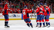 Mar 18, 2025; Washington, District of Columbia, USA; Washington Capitals center Dylan Strome (17) celebrates after scoring a goal during the first period against the Detroit Red Wings at Capital One Arena. Mandatory Credit: Peter Casey-Imagn Images